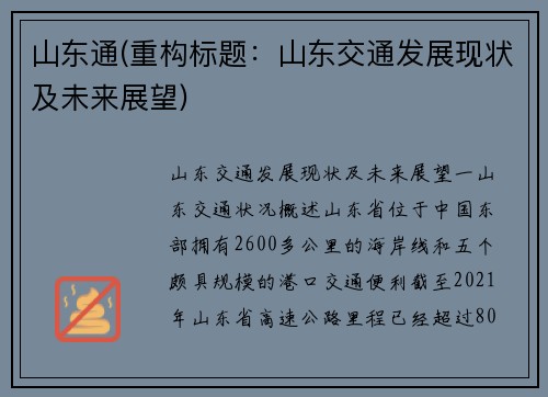 山东通(重构标题：山东交通发展现状及未来展望)